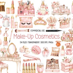 May include: A collection of watercolor illustrations featuring pink-themed beauty products, including makeup palettes, lipsticks, perfume bottles, brushes, hair tools, a vanity table, and floral accents, with the text Make-Up Cosmetics and Commercial Use.