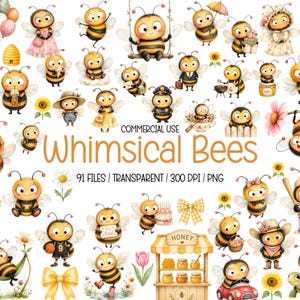 Puede incluir: Una colección de ilustraciones digitales que muestran abejas de dibujos animados en diversas actividades, incluyendo sostener globos, montar en bicicleta, jugar al béisbol y conducir un coche. La imagen incluye tarros de miel, girasoles y el texto Whimsical Bees.