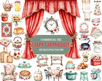 Cozy Farmhouse Clipart Bundle: Watercolor Rustic Decor (PNG Digital Download)