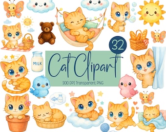 Aquarell Katzen Clipart, Illustrationen, Süße Kitty PNG, Karten, Einladungen, Aufkleber, Planer, Kinderzimmer Kunst, Basteln