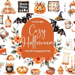 Cozy Halloween Clipart: Watercolor Ghosts, Pumpkins (PNG Digital Download)
