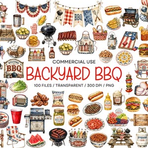 Op de afbeelding: Een verzameling aquarelillustraties met barbecue-items, waaronder grills, picknickvoedsel, Amerikaanse vlagdecoraties, specerijen, drankjes en buitenspellen met de tekst COMMERCIAL USE BACKYARD BBQ 100 FILES / TRANSPARENT / 300 DPI / PNG.
