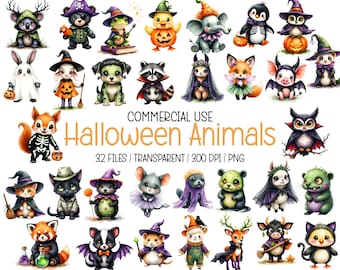 Halloween Animals Clipart Bundle, Cute Watercolor Animal Png, Commercial Use