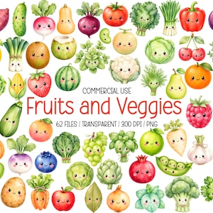 Könnte beinhalten: Eine Sammlung von Aquarell-Illustrationen verschiedener Obst- und Gemüsesorten, die jeweils ein lächelndes Gesicht haben. Der zentrale Text lautet: COMMERCIAL USE Fruits and Veggies 62 FILES / TRANSPARENT / 300 DPI / PNG.