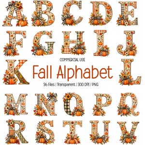 Op de afbeelding: Een digitale collectie van alfabetletters A tot en met V, elk versierd met oranje pompoenen, zonnebloemen, herfstbladeren en zwart-witte ruitjesstrikken. De tekst luidt Commercial Use Fall Alphabet 36 Files Transparent 300 DPI PNG.