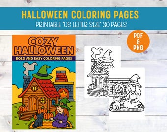 Cozy Halloween Coloring Book, Bold and Easy Coloring Pages for Kids, Coloring Books, Printable Coloring Pages, Halloween Activity