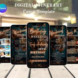 May include: A digital itinerary template displayed on five smartphones. The screens showcase event details, including a birthday weekend itinerary, outfit ideas, and restaurant information. The design features a teal and gold color scheme with the Canva logo.