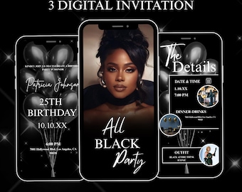 Vídeo de convite de aniversário todo preto | Convite de festa com detalhes brilhantes | Modelo editável do Canva em MP4 para download