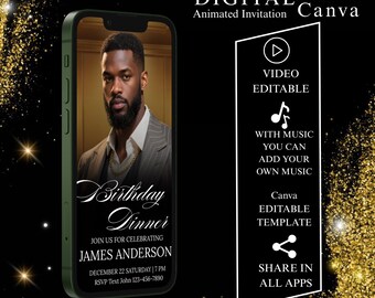 Men’s Animated Birthday Dinner Invitation, Gold Elegant Party Evite, Digital Canva Template.