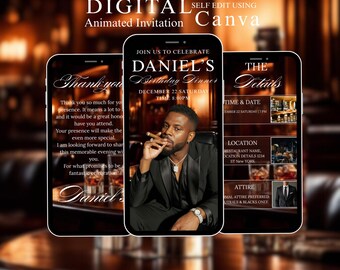 Convite animado para jantar de aniversário dele | Modelo editável no Canva | Download digital instantâneo