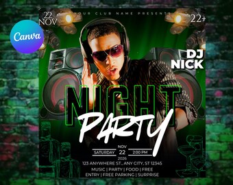 Modello Canva per volantino animato per concorso musicale DJ Urban Night, volantino per festa in discoteca moderna, invito stampabile per festa DJ, festa musicale in discoteca Canva