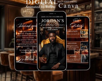 Invito animato di lusso nero per cena di compleanno, elegante invito di compleanno per uomo, invito digitale modificabile Canva, video di festa moderno