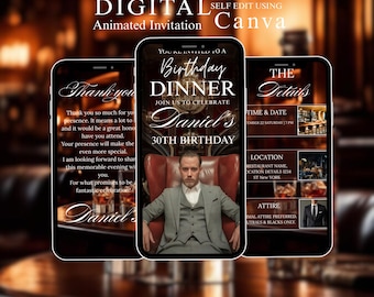 Convite animado para jantar de aniversário em tons dourados | Modelo editável no Canva | Convite digital para festa