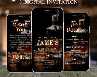 Video invito festa di compleanno / Design glitter a tema whisky / Download modello Canva modificabile