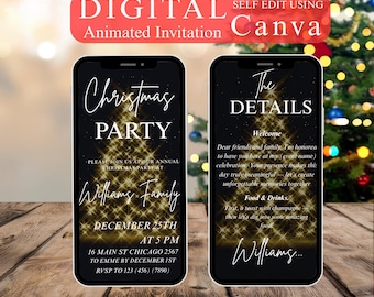 Animated Gold Christmas Party Invitation | Digital Holiday Evite | DIY Xmas Video Template