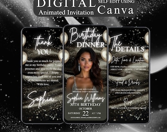 Invitación en video para cena de cumpleaños, elegante invitación animada de Evite, invitación digital para fiesta de cumpleaños, plantilla de Canva