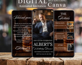 Modern Birthday Invitation for Him | Black Gold Canva Template | Elegant Digital Evite Download