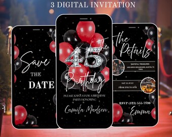 Elegante invito video per il 45° compleanno / Modello Canva per cena glamour con rose rosse