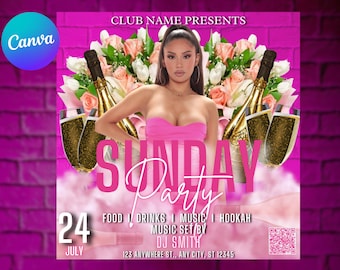 Volantino per festa della domenica, volantino per festa in discoteca, modello per volantino per serata in discoteca domenicale, volantino fai da te per festa di eventi, modello Canva, modificabile