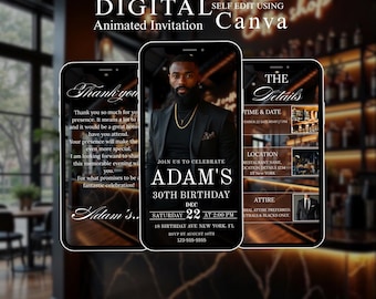 Invito video di compleanno nero di lusso / Invito animato elegante per festa / Dettagli dorati / Modello Canva modificabile