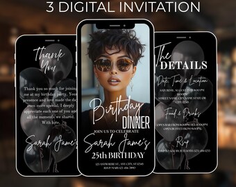 Invito alla cena di compleanno con video animato glitterato elegante, modello Canva modificabile