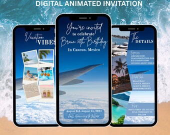 Invito animato per itinerario di compleanno / Invito per festa di viaggio del fine settimana / Modello Canva modificabile da scaricare digitalmente