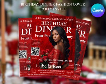 Invito di compleanno in stile rivista floreale / Invito elegante per cena / Modello digitale modificabile Canva