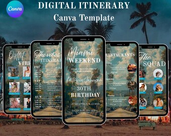 Invito animato per il weekend di compleanno a Miami, itinerario di vacanza modificabile su Canva, download digitale MP4