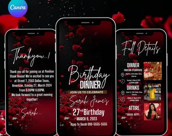Birthday Dinner Party Invitation | Elegant Video Evite | Editable Canva Template Digital Download