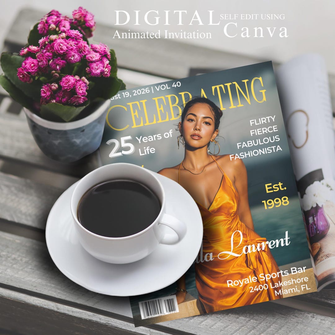 Magazine Card Custom Birthday Magazine Cover Template | Editable Canva Invitation ...