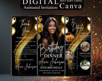 Elegant Birthday Dinner Invitation | Gold Balloons Digital Evite | Editable Canva Template