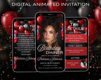 Animated Birthday Dinner Invitation Video Template, Elegant Digital Evite, Mobile Phone Video Invite