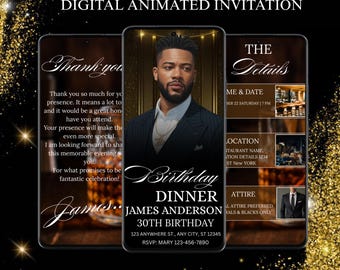 Men's Birthday Dinner Invitation: Gold Glitter Video Invite (Canva Template)