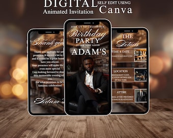 Animated Birthday Dinner Invitation, DIY Template Design, Men's Party Video Invite, Premade Party Celebration