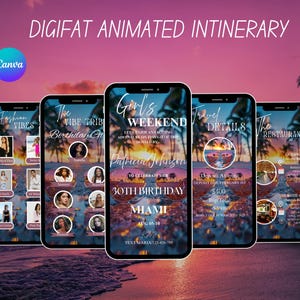 Birthday Weekend Itinerary Invitation, Animated Girls Trip Template, Canva Editable Digital Party Invite