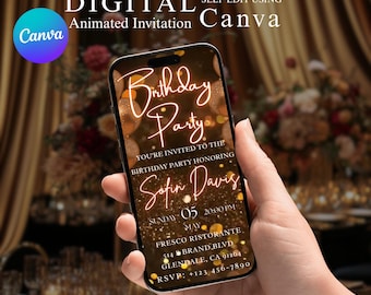 Animated Birthday Dinner Invitation Silver Glitter | Editable Canva Template | Digital Download.