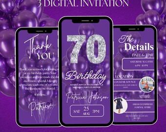 Invito video per il 70° compleanno, invito per la festa con diamanti al neon viola, modello Canva modificabile da scaricare