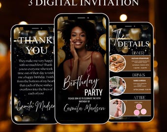 Invito video per cena di compleanno / Invito animato per festa con glitter, modello modificabile Canva
