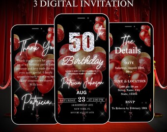 Blush Red Glitter 50th Birthday Invitation | Animated Party Evite | Editable Canva Digital Template Download
