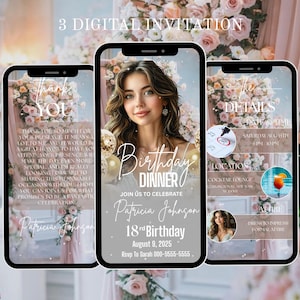Może przedstawiać: Trzy cyfrowe zaproszenia na smartfonach. Centralny telefon wyświetla kobietę i tekst „Urodzinowa kolacja” oraz „Dołącz do nas, aby uczcić 18. urodziny Patricii Johnson”. Pozostałe telefony pokazują szczegóły i wiadomość z podziękowaniami.