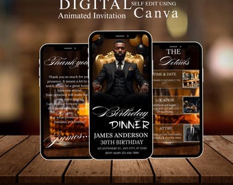 Convite de aniversário animado para homens, convite eletrônico para jantar, convite digital elegante, modelo editável no Canva
