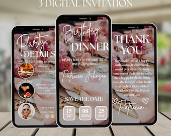 Birthday Dinner Video Invitation, Animated Glitter Design, Canva Editable Template Digital Download