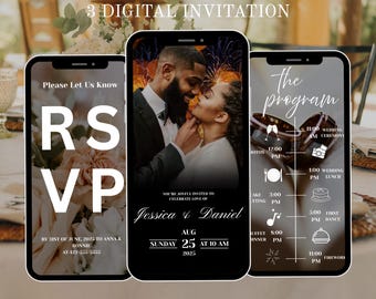 May include: Three digital wedding invitations displayed on smartphones. The invitations feature a couple, RSVP details, and a wedding program schedule. The design is elegant with a black and white color scheme, perfect for wedding announcements.