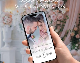 Könnte beinhalten: Ein Smartphone zeigt eine digitale Hochzeitseinladung. Die Einladung enthält ein Foto eines Paares und den Text "Daniel & Jessica" mit dem Datum "25. August 2025". Die Worte "Digital Animated WEDDING INVITATION" stehen oben.