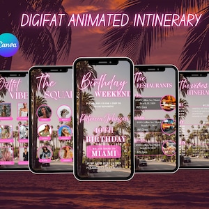 Digital Birthday Weekend Invitation, Animated Travel Itinerary, Girls Pink Miami Vacation Schedule Trip Evite, Editable Planner Template