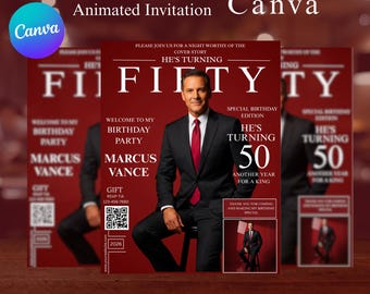 Könnte beinhalten: Eine digitale Einladung zum 50. Geburtstag. Das Design zeigt einen Mann im Anzug auf einem Magazin-Cover mit dem Text "FIFTY" und "He's Turning 50". Die Einladung enthält den Namen "Marcus Vance" und RSVP-Informationen.