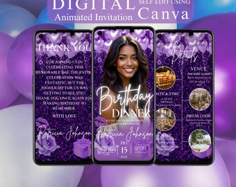 Elegant Birthday Dinner Invitation, Glitter Party Evite, Digital Birthday Invite, Canva Editable Template