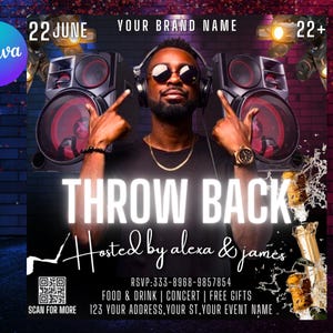 May include: A promotional flyer for a "Throw Back" event, featuring a DJ wearing sunglasses and headphones, with speakers on either side. The flyer includes the date "22 JUNE", event details, and a QR code for more information.