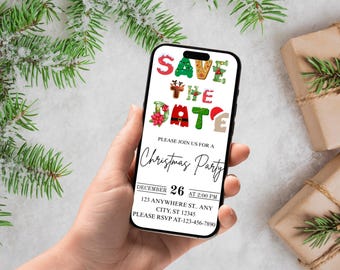Modello di invito per la festa di Natale, invito modificabile per le feste di Natale, invito digitale "Save the date" per Natale