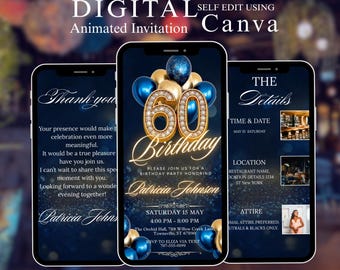 Invito digitale per la festa del 60° compleanno, modello video, invito di lusso con palloncini neri e oro modificabile, invito animato per compleanno femminile su Canva Evite